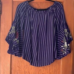 Francescas Striped Off The Shoulder Bell Sleeve Top Embroidered NWT Size Medium